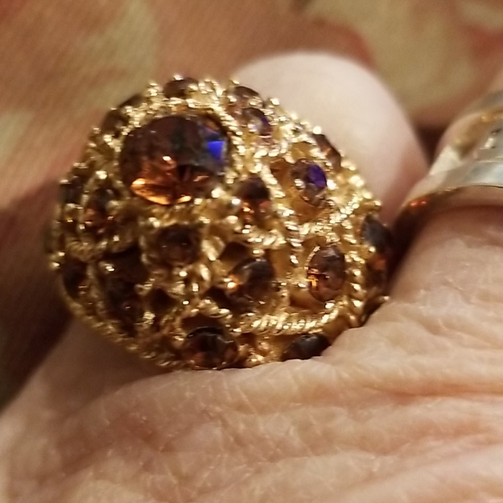 Crown Trifari Amber Gold Tone Ring Size 6